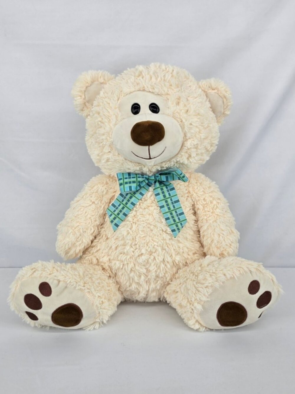 Large Plush Teddy Bear Cream Soft Stuffed Animal Blue Plaid Bow Cuddle Toy